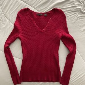 JEANNE PIERRE Red V-Neck Ribbed Sweater